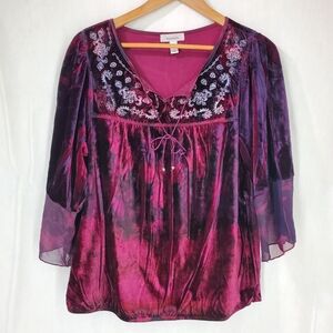 Dressbarn Top Womens L Burgundy Purple Velvet Sheer Embroidered Whimsigoth Fairy